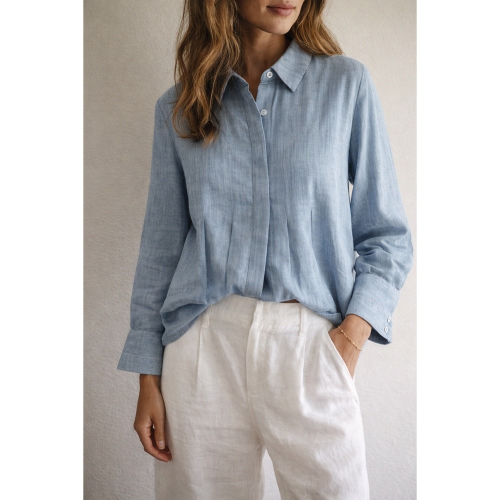 Coastal Linen Pleated Top Blue Minimalist Cropped Soft Surroundings‎ M